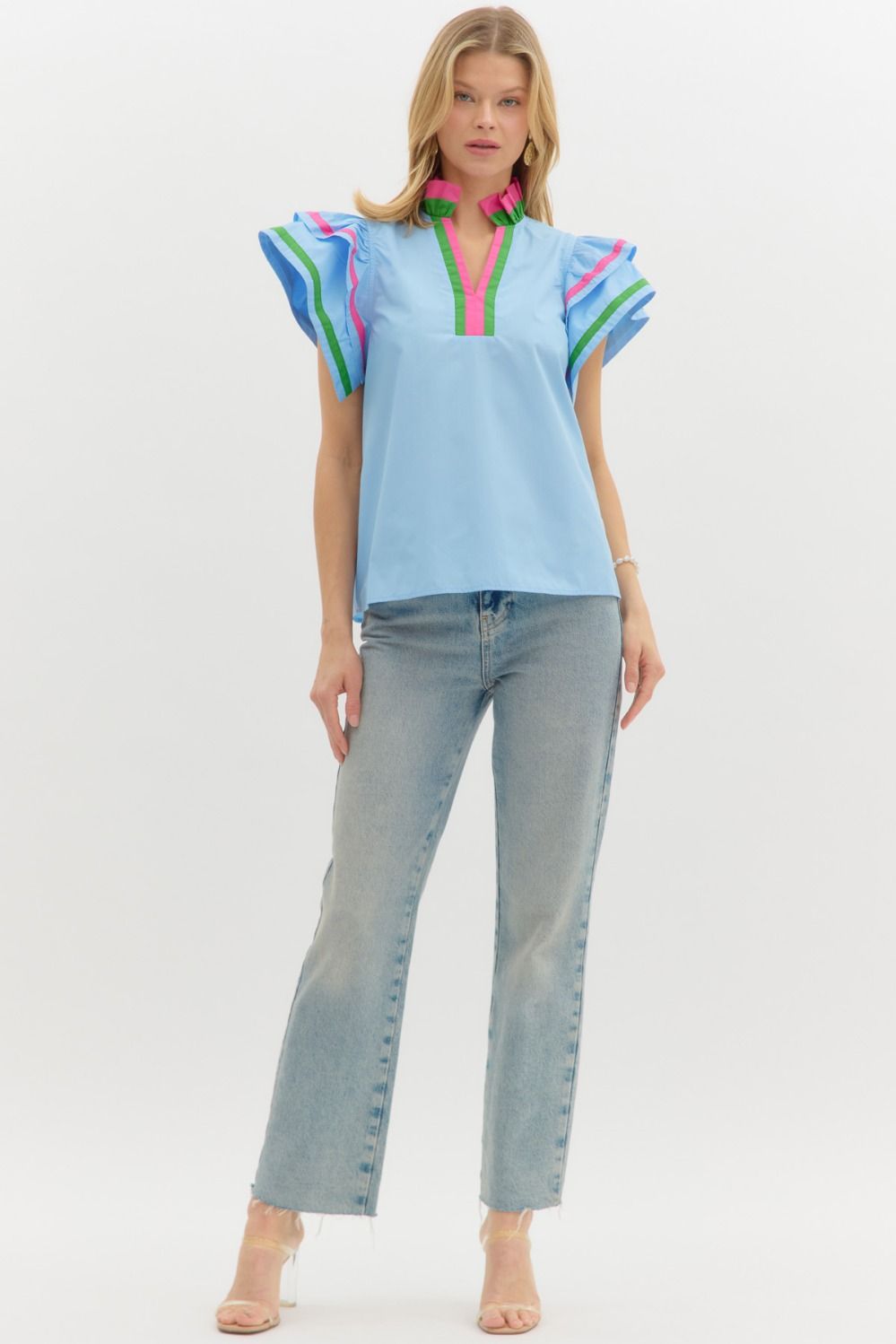 Delfina Flutter Sleeve Top Blue