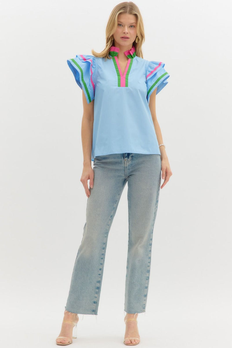 Delfina Flutter Sleeve Top Blue