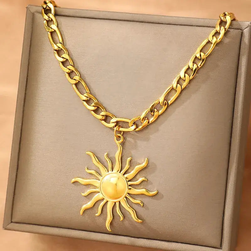 18K Gold Sun Pendant Necklace Waterproof Stainless Steel