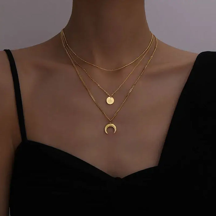 18K Gold Plated Moon & Star Layer Necklace – 3 Layers