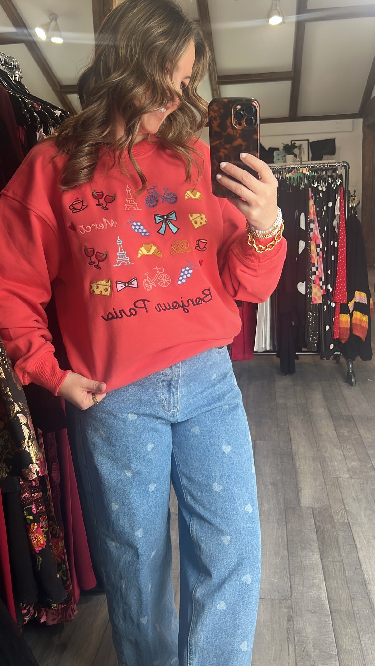 Coral Bonjour Embroidery Sweatshirt