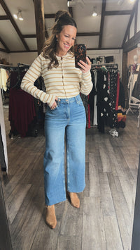 Taupe Stripe Long Sleeve Button Fitted Cardigan