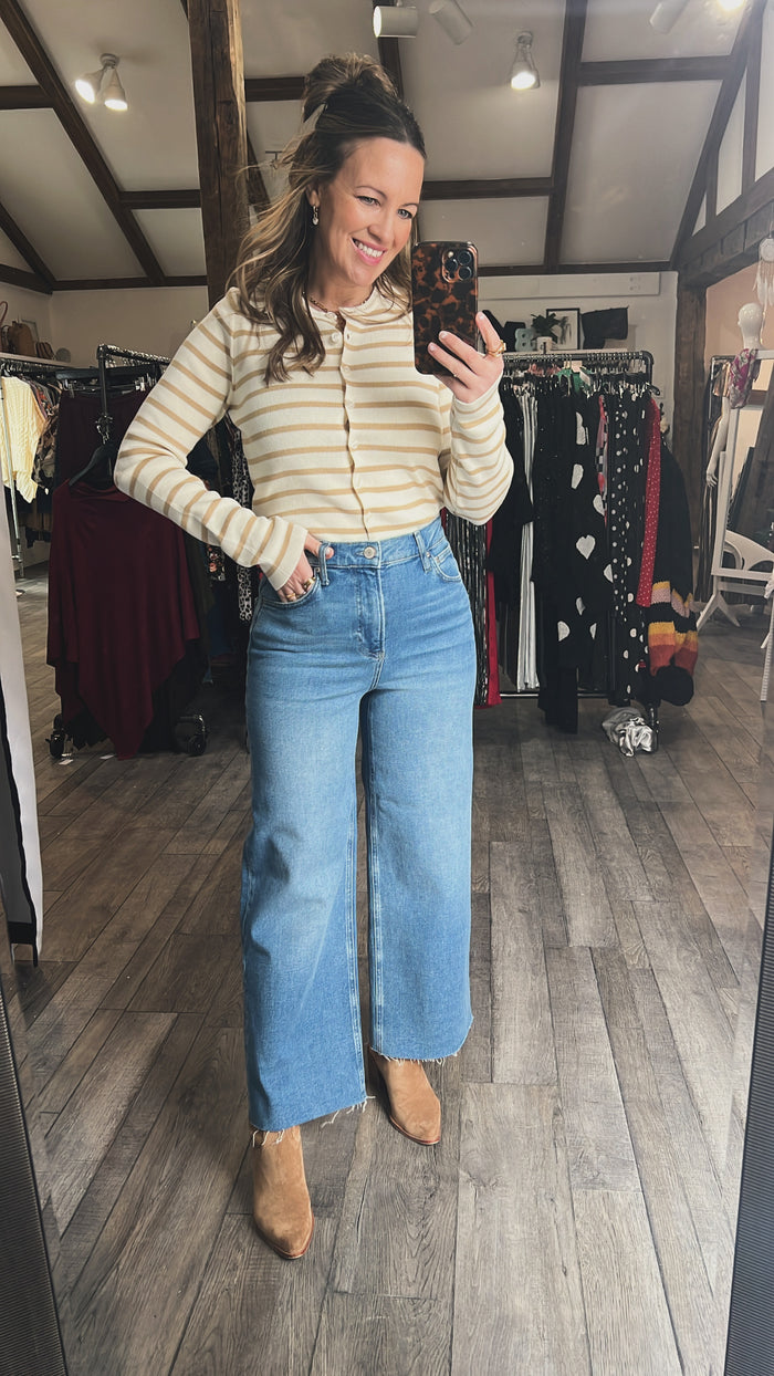 Taupe Stripe Long Sleeve Button Fitted Cardigan