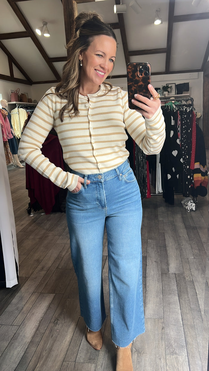 Taupe Stripe Long Sleeve Button Fitted Cardigan