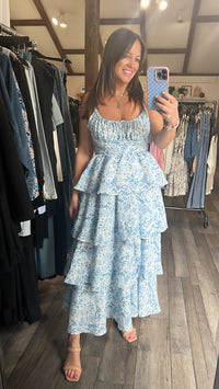 Gabby Girl Tier Blue Floral Dress Open Back