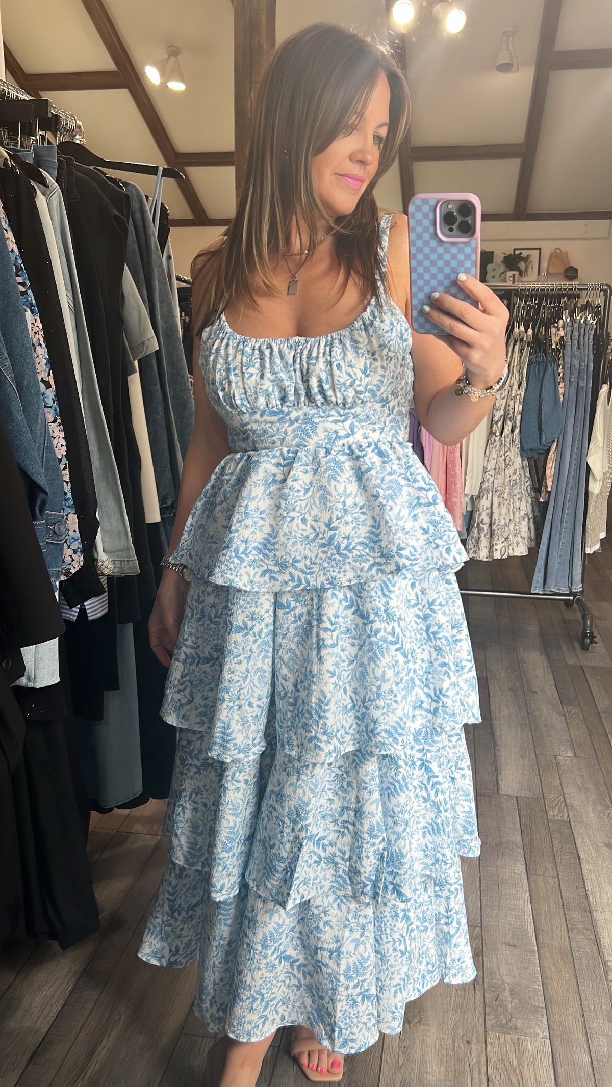 Gabby Girl Tier Blue Floral Dress Open Back