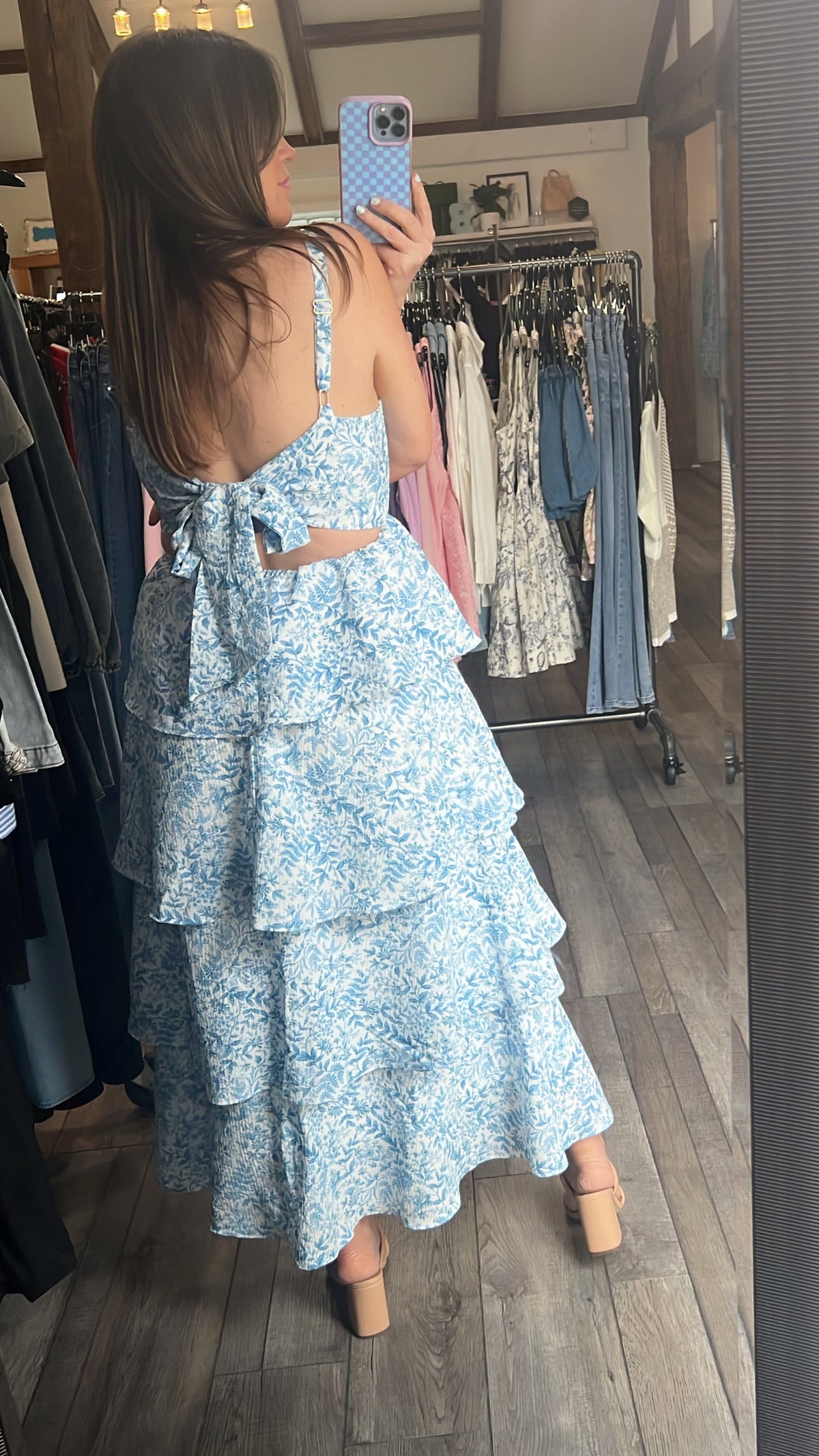 Gabby Girl Tier Blue Floral Dress Open Back