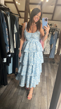 Gabby Girl Tier Blue Floral Dress Open Back