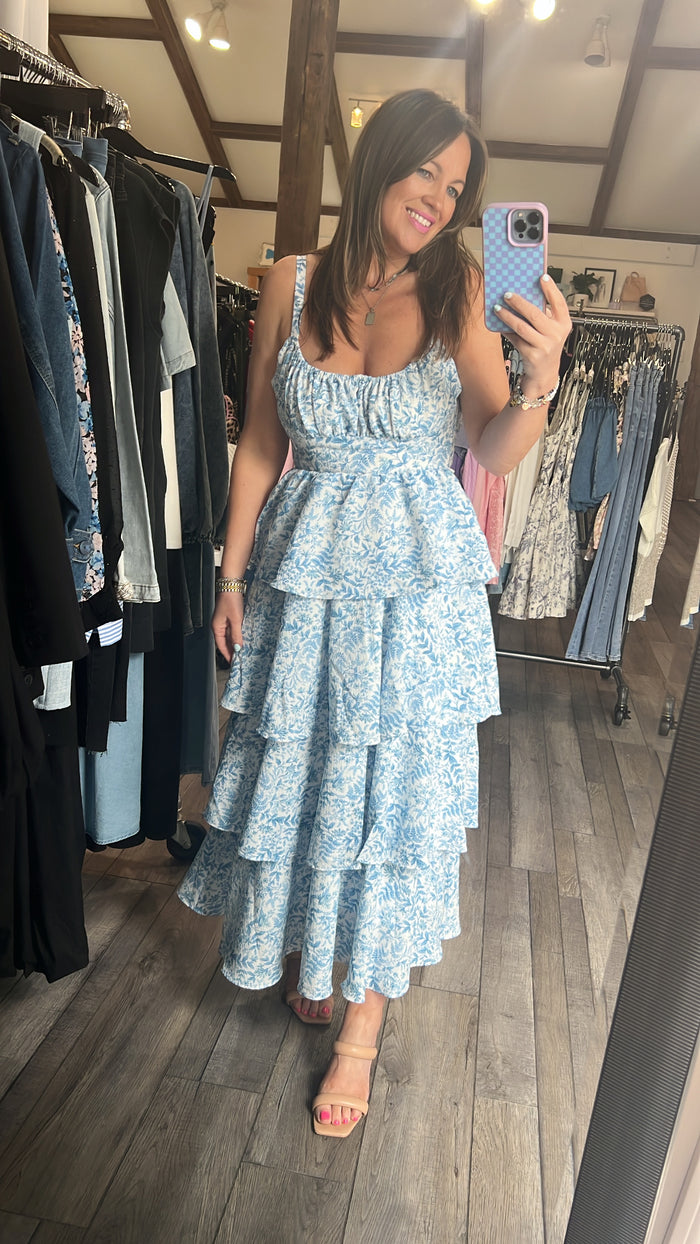 Gabby Girl Tier Blue Floral Dress Open Back