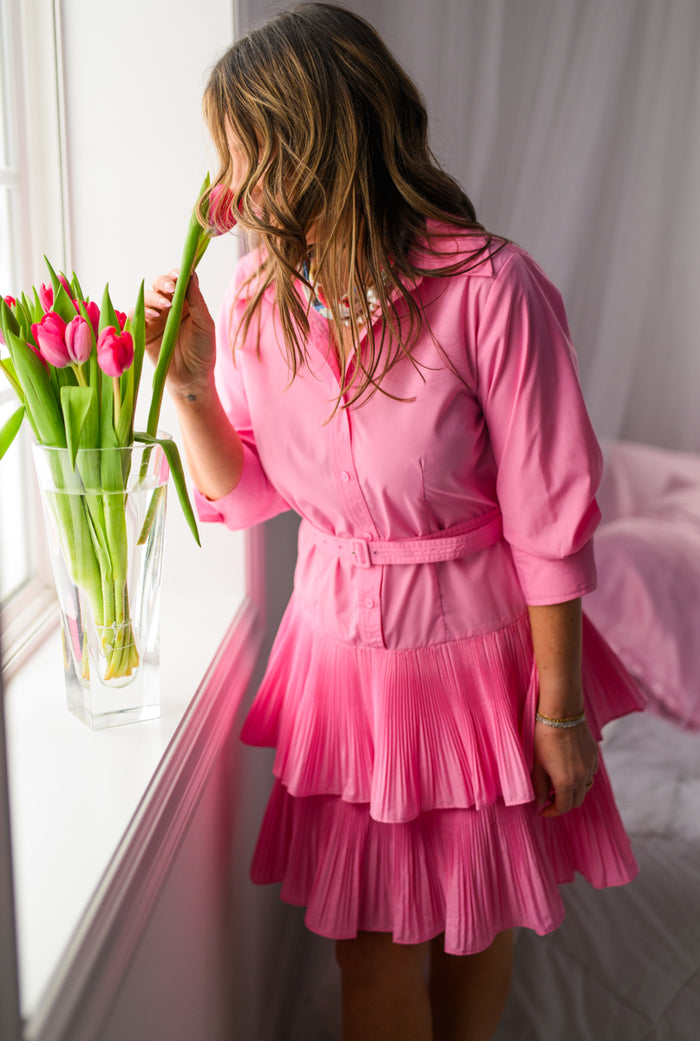The Bubblegum Button-Up Tier Mini Dress
