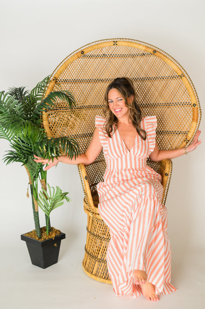 Coral Stripe Tie Back Ruffle Maxi