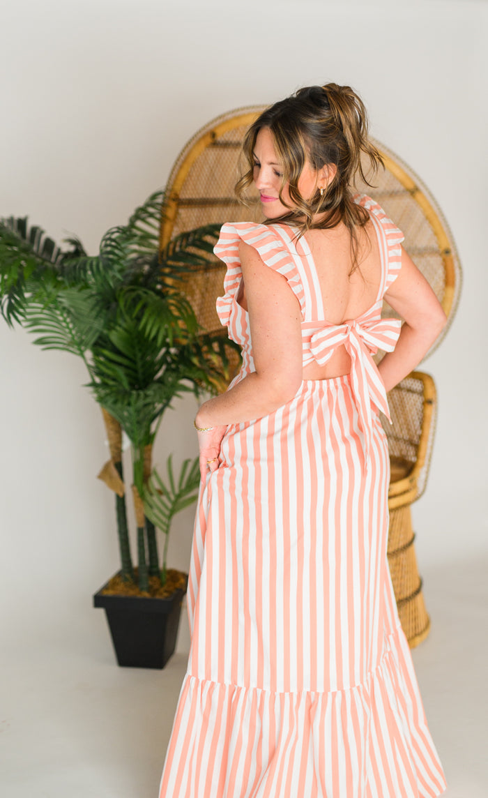 Coral Stripe Tie Back Ruffle Maxi