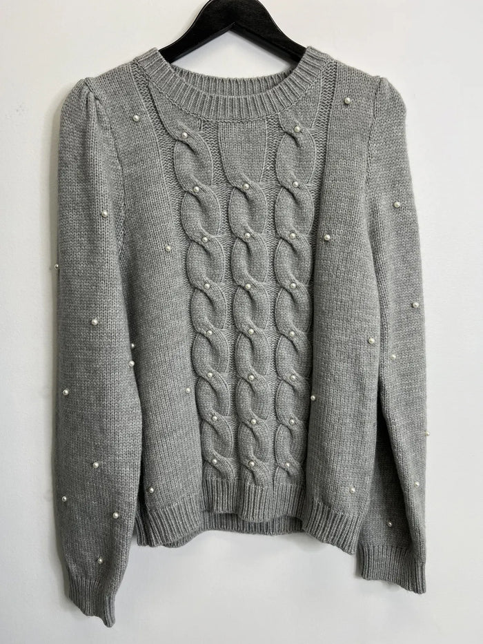 Heather Grey Pearl Cable Sweater