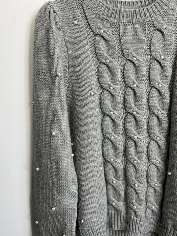 Heather Grey Pearl Cable Sweater