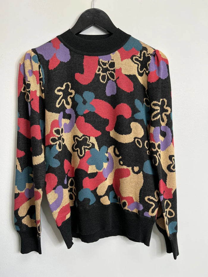 Colorful Abstract Print Charcoal Sweater