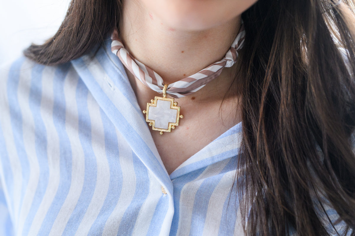 Mother Of Pearl Cross Pendant Stripe Scarf Necklace