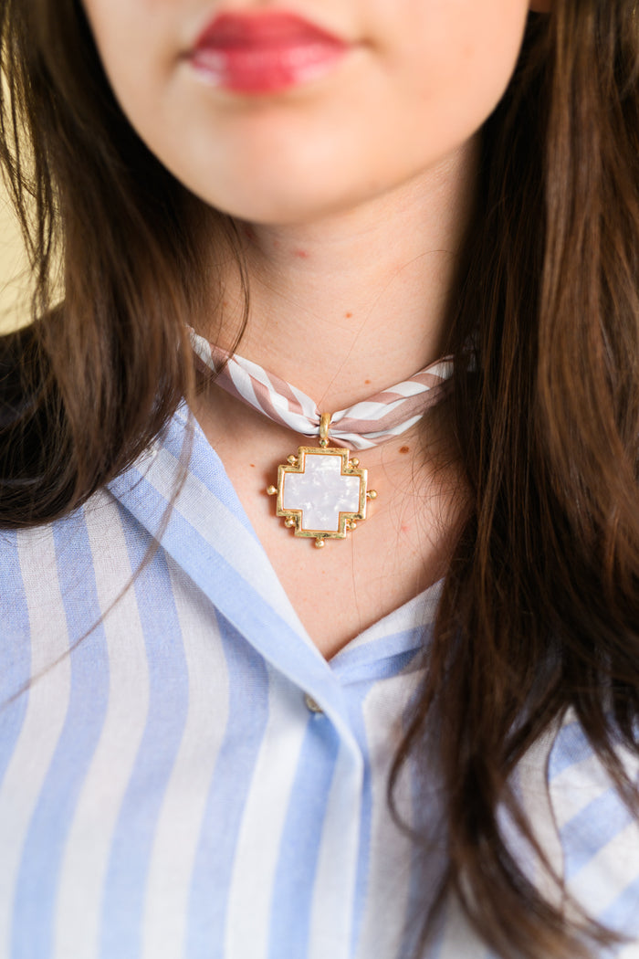 Mother Of Pearl Cross Pendant Stripe Scarf Necklace