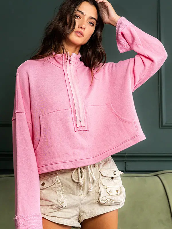 Bubblegum Zip-Up Solid Knit Crop Sweatshirt