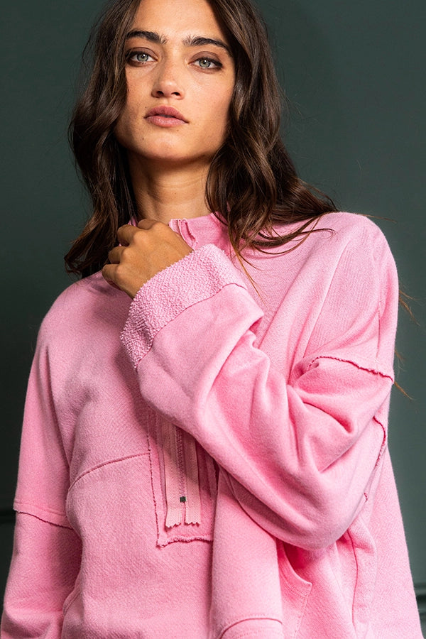 Bubblegum Zip-Up Solid Knit Crop Sweatshirt