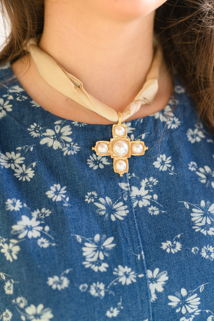 Cross Pearl Pendant Scarf Necklace
