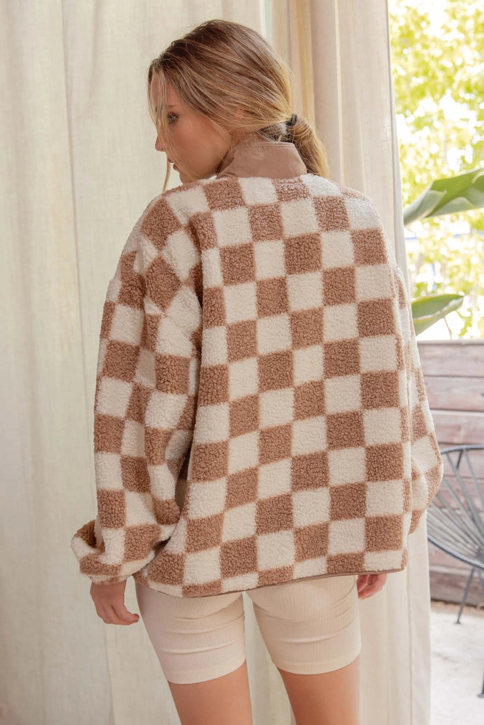 Checkered Taupe Snap Button Fleece