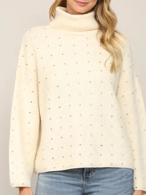 Cream Sparkle Stone Turtleneck Sweater