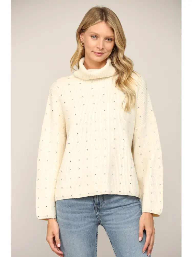 Cream Sparkle Stone Turtleneck Sweater