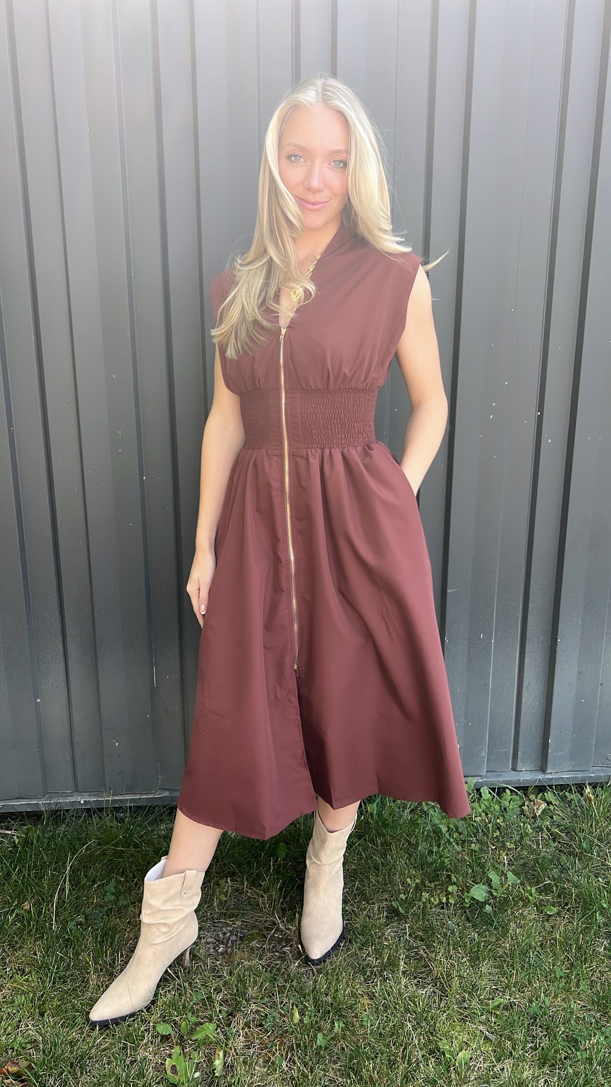 Brown Zipper Cinch Dress