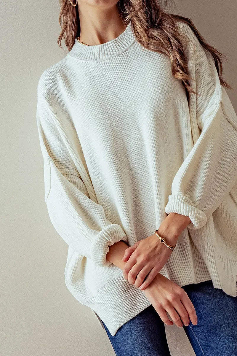 Oversized Side Slit Crew Sweater