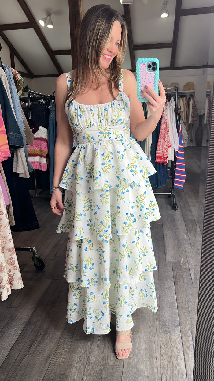 Blue Petal Cascade Tie-Back Dress