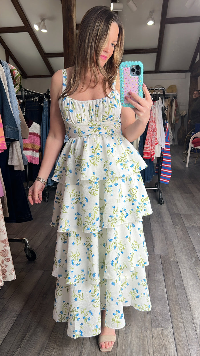 Blue Petal Cascade Tie-Back Dress