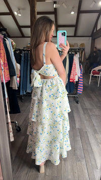 Blue Petal Cascade Tie-Back Dress