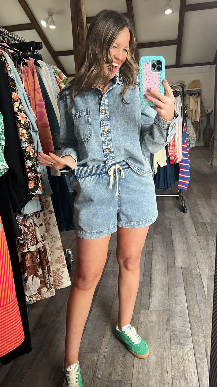 Acid Wash Drawstring Denim Shorts