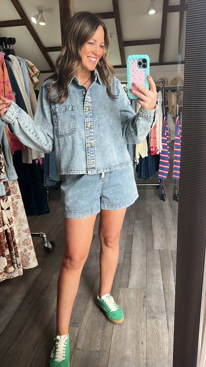 Acid Wash Collard Boxy Denim Shirt