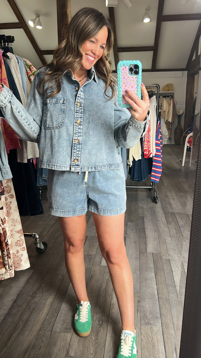 Acid Wash Collard Boxy Denim Shirt