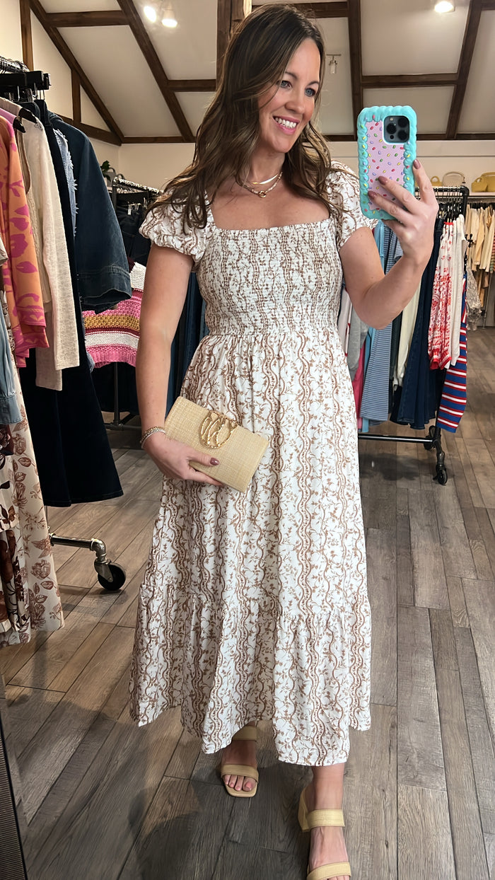 Earthy Blossom Puff Sleeve Midi Dress