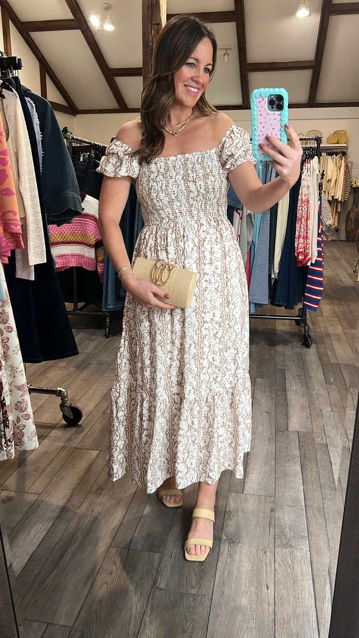 Earthy Blossom Puff Sleeve Midi Dress