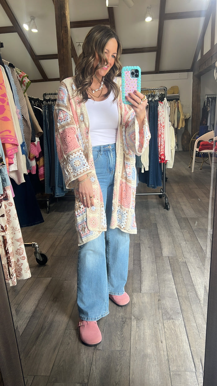 Crochet Medallion Cardigan- pink
