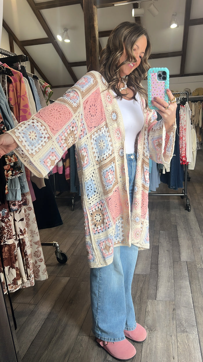 Crochet Medallion Cardigan- pink