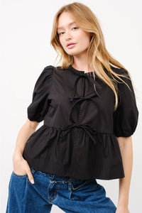 Poplin Black Bow Tie Top