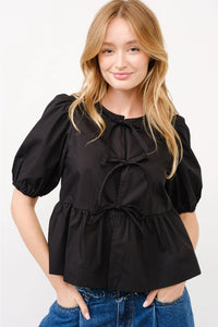 Poplin Black Bow Tie Top