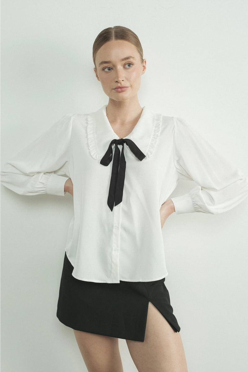 Winona White Collar Blouse with Contrast Bow Tie