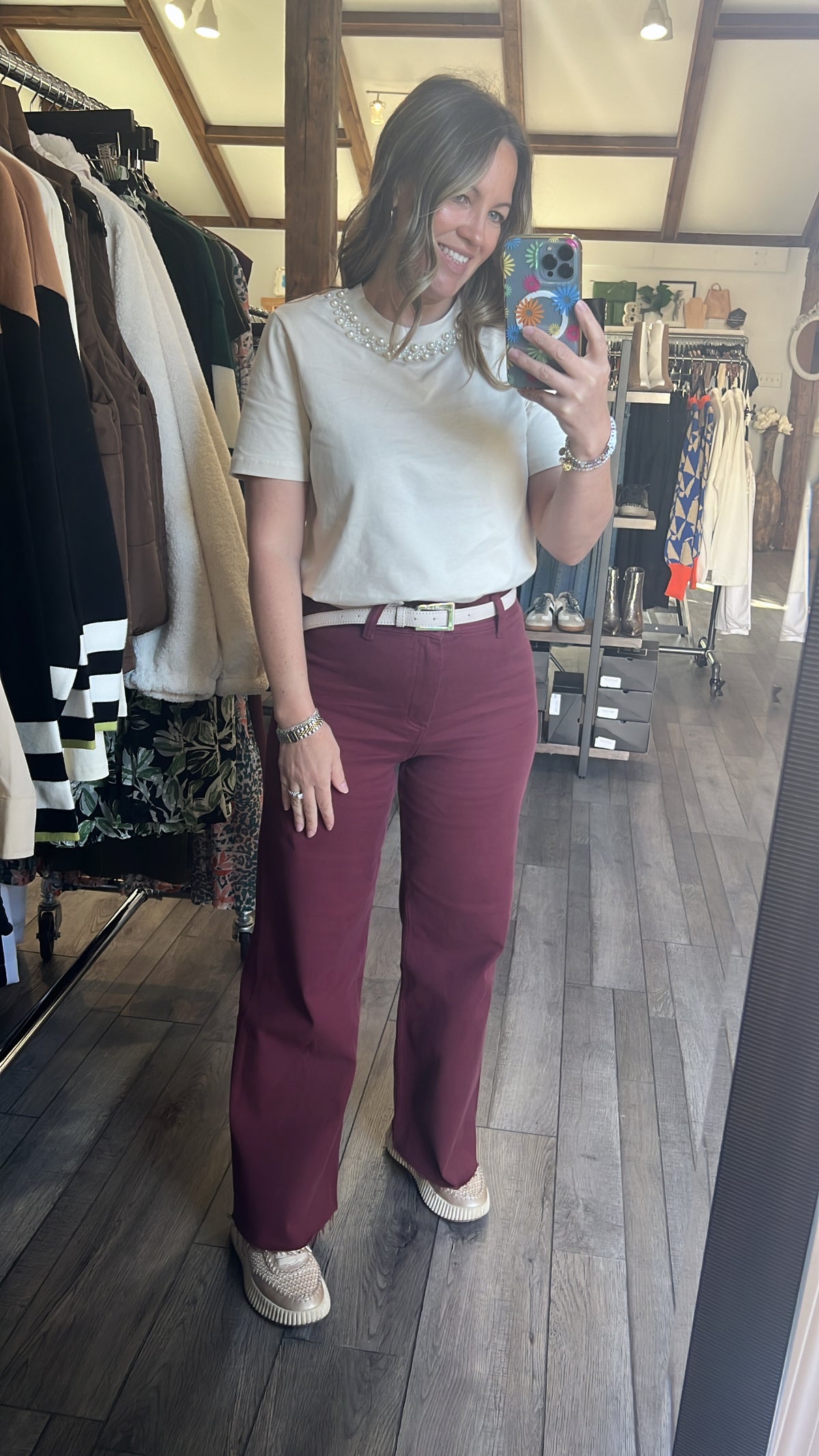 Maroon Straight Wide Leg Denim Pant