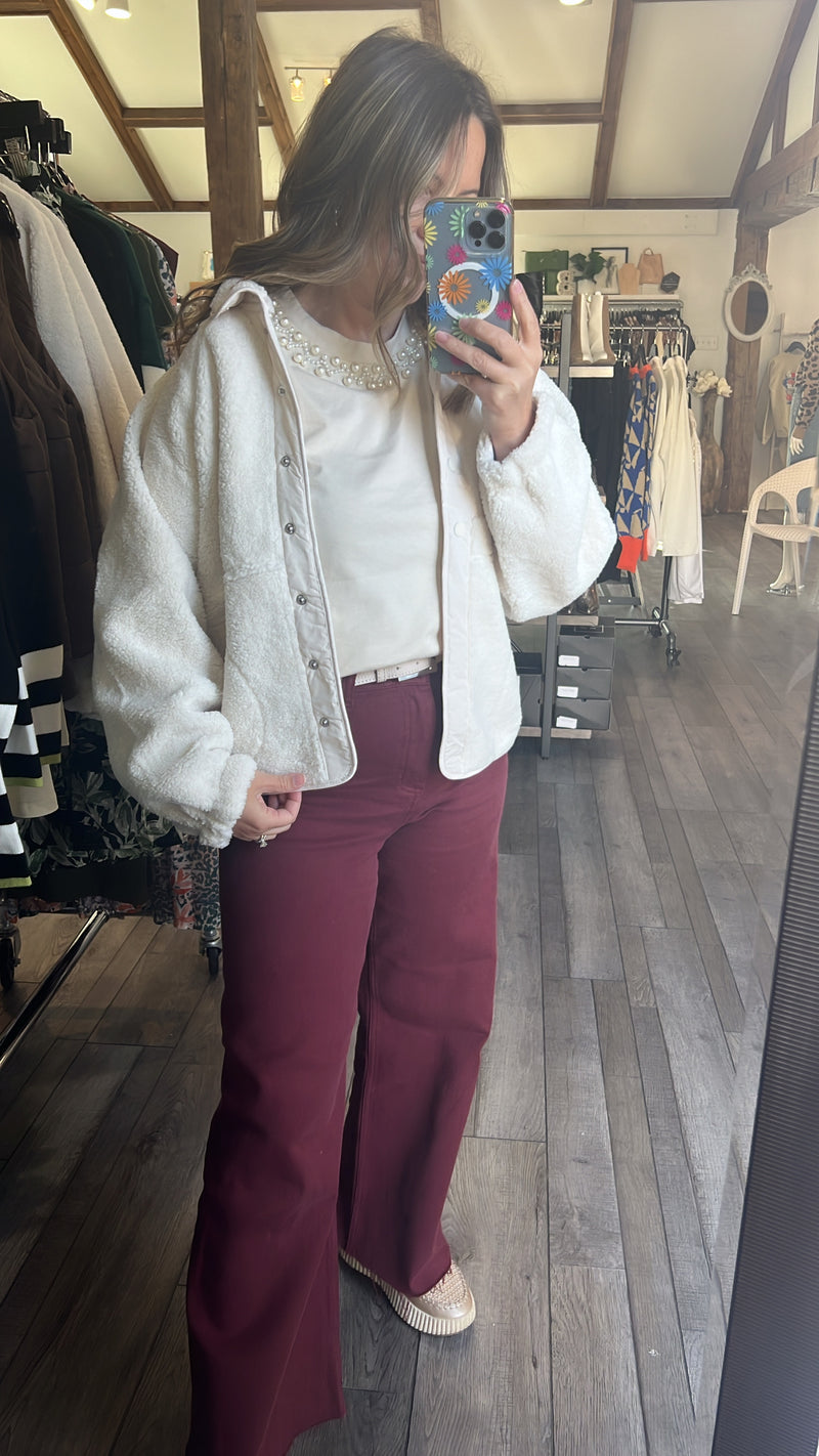 Maroon Straight Wide Leg Denim Pant