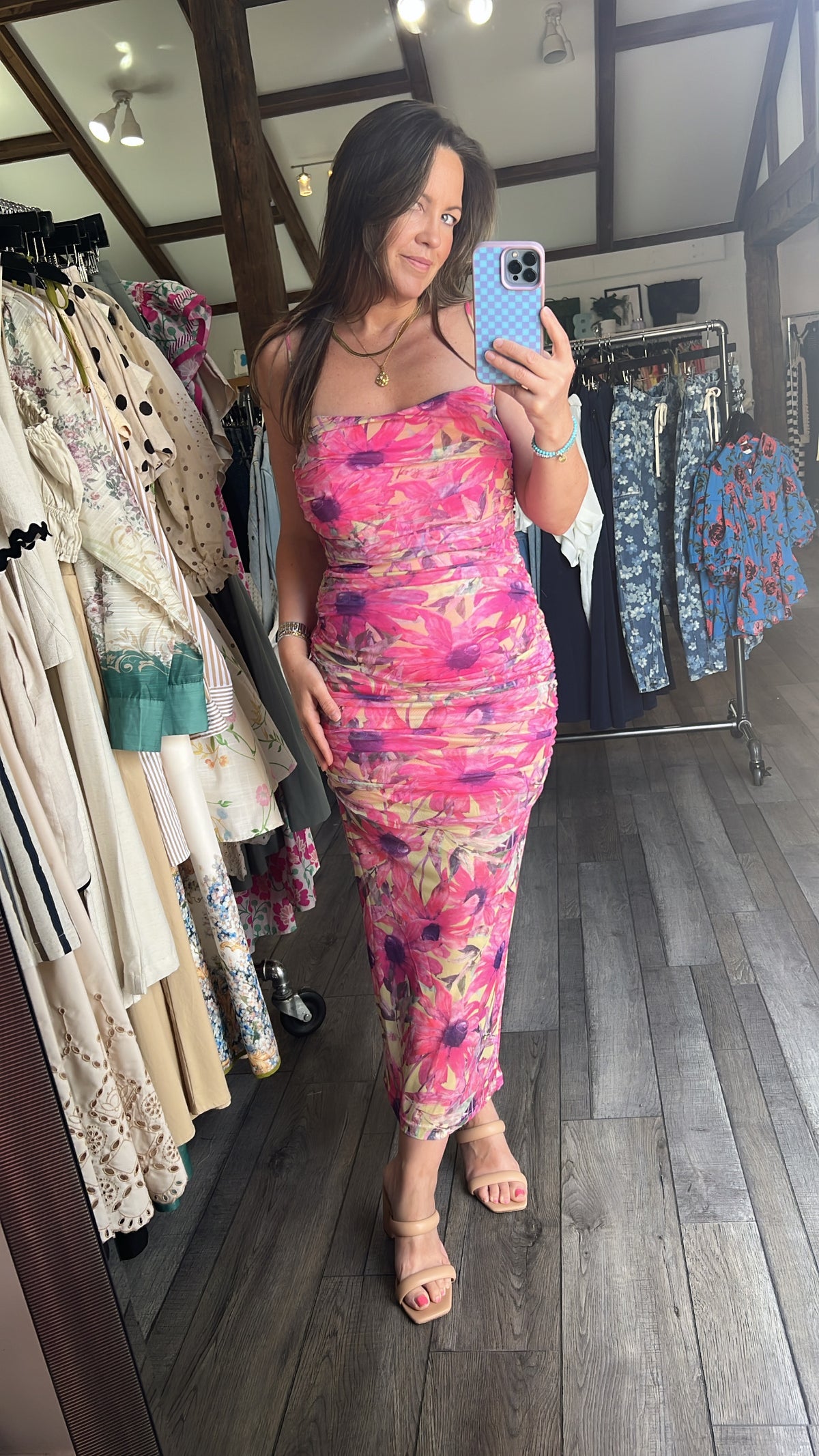 Ruched Pink Floral Party Dress