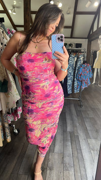 Ruched Pink Floral Party Dress