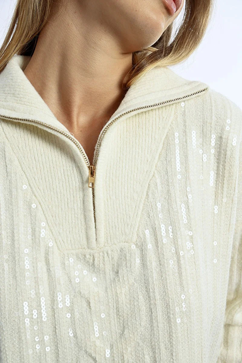 Silent Sequin White Zipper Sweater