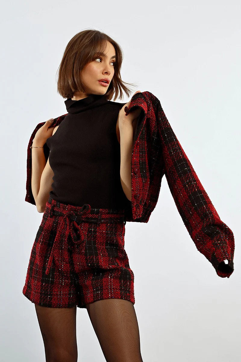 Red Check Tweed Shorts – Blush Red Check Tweed Shorts – Blush