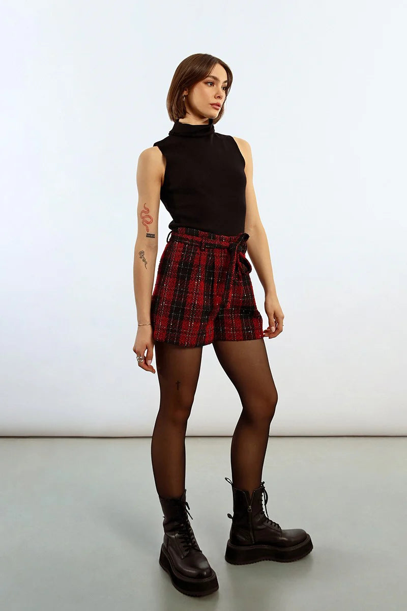 Red Check Tweed Shorts