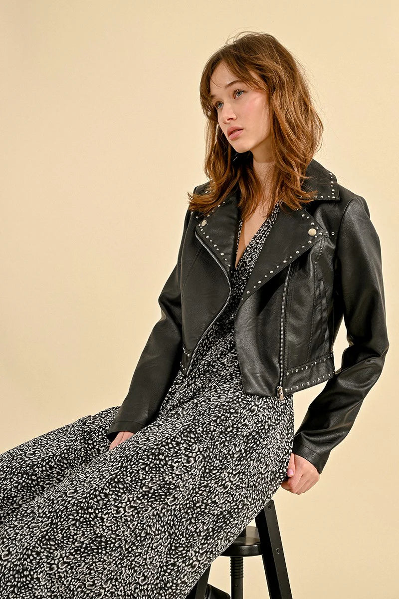 Silver Stud Faux Leather Biker Jacket